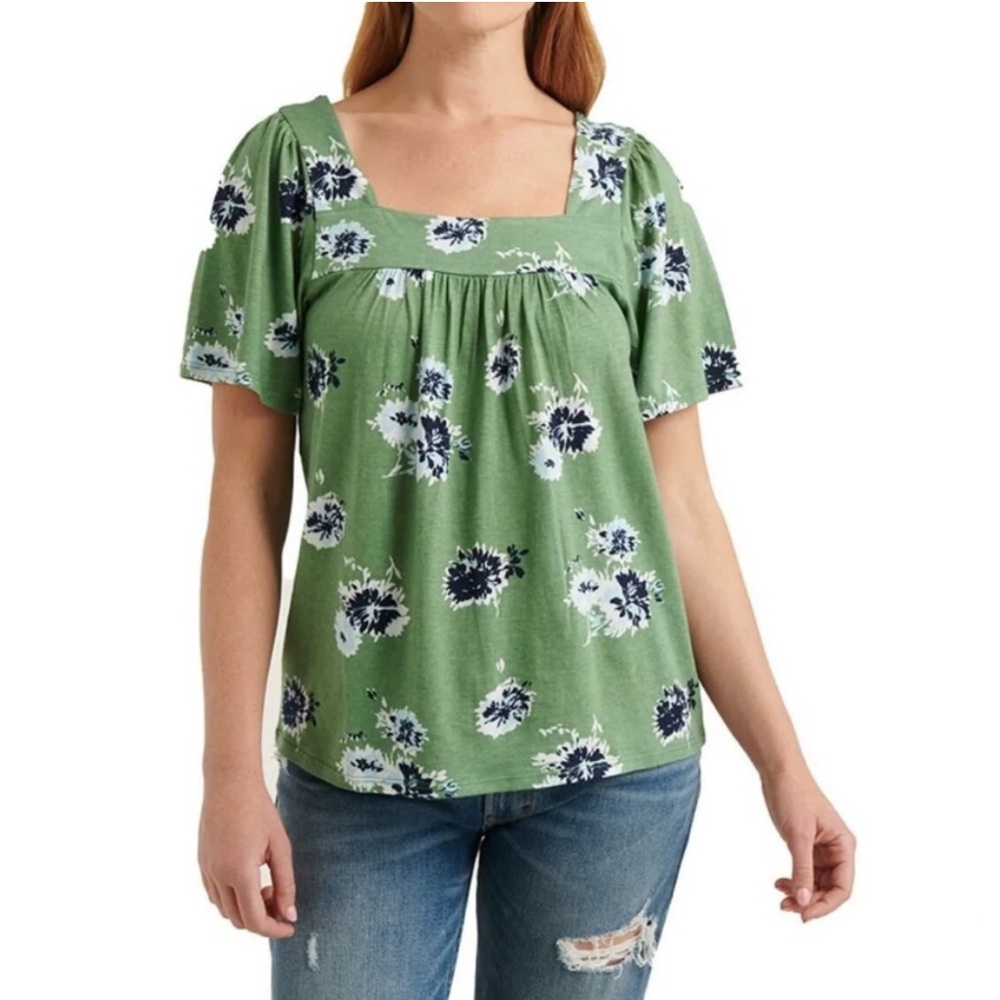 Lucky Brand Green Floral Square Neck Flutter Sleeve Cotton Modal Knit Top XXL